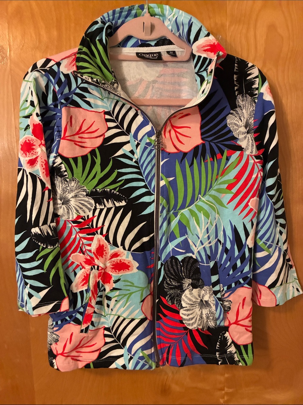 Onque casuals Tropical Floral Zip Front Jacket with Collar M